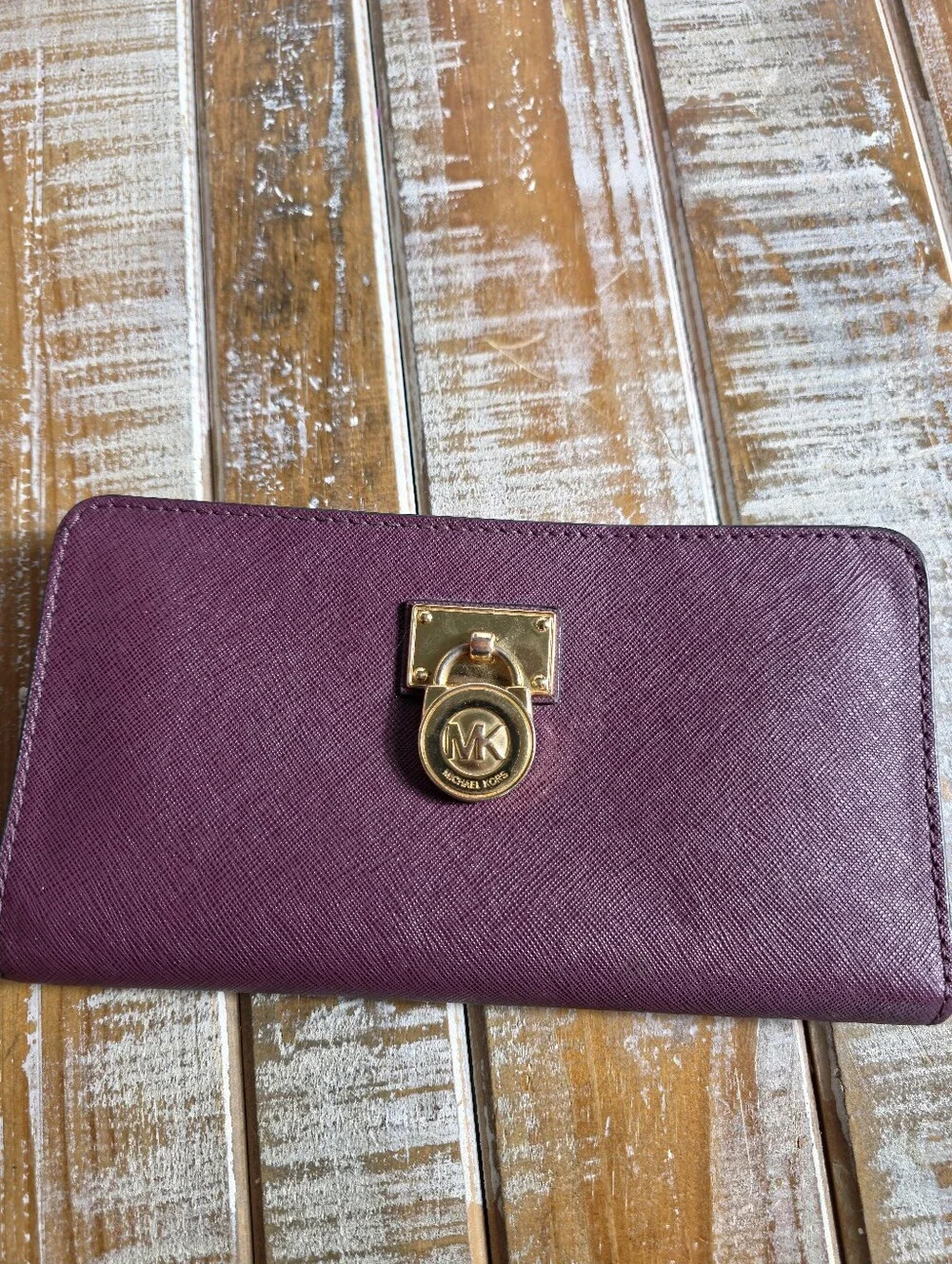 Michael Kors Plum Saffiano Zip Around Wallet with Gold Hardware